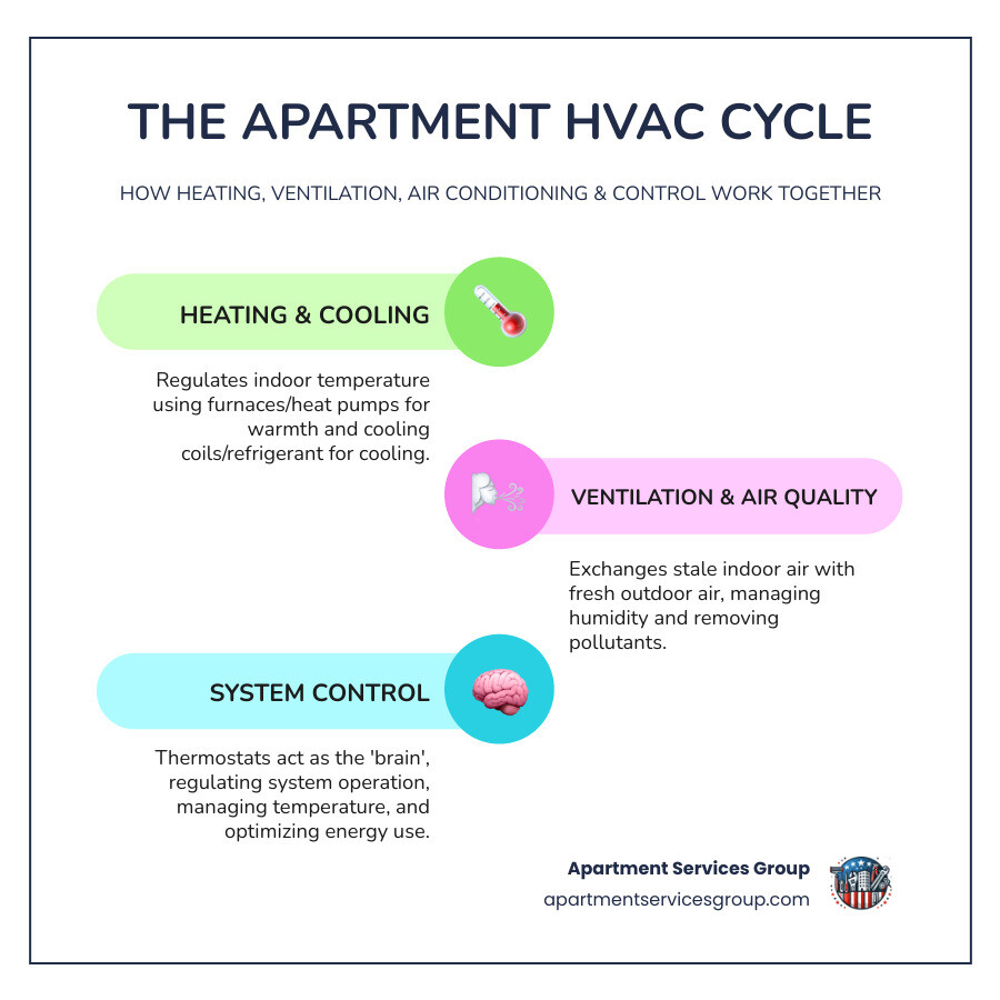 Comprehensive infographic showing the HVAC cycle with four main components: heating (furnace/heat pump warming air), ventilation (fresh air intake and exhaust systems removing stale air), air conditioning (cooling coils and refrigerant removing heat), and thermostat controls (regulating temperature and system operation), with arrows showing airflow throughout an apartment unit - Apartment HVAC repair infographic infographic-line-3-steps-colors