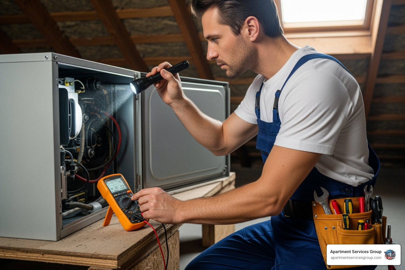 A maintenance technician inspecting an HVAC unit - multifamily property maintenance