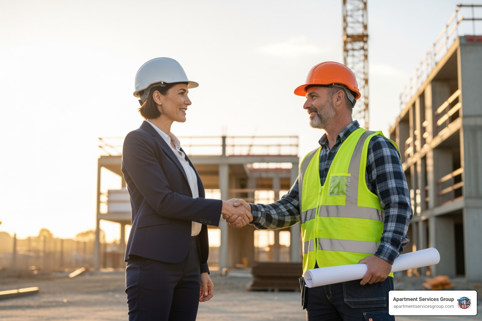 A property manager shaking hands with a contractor - multifamily property maintenance