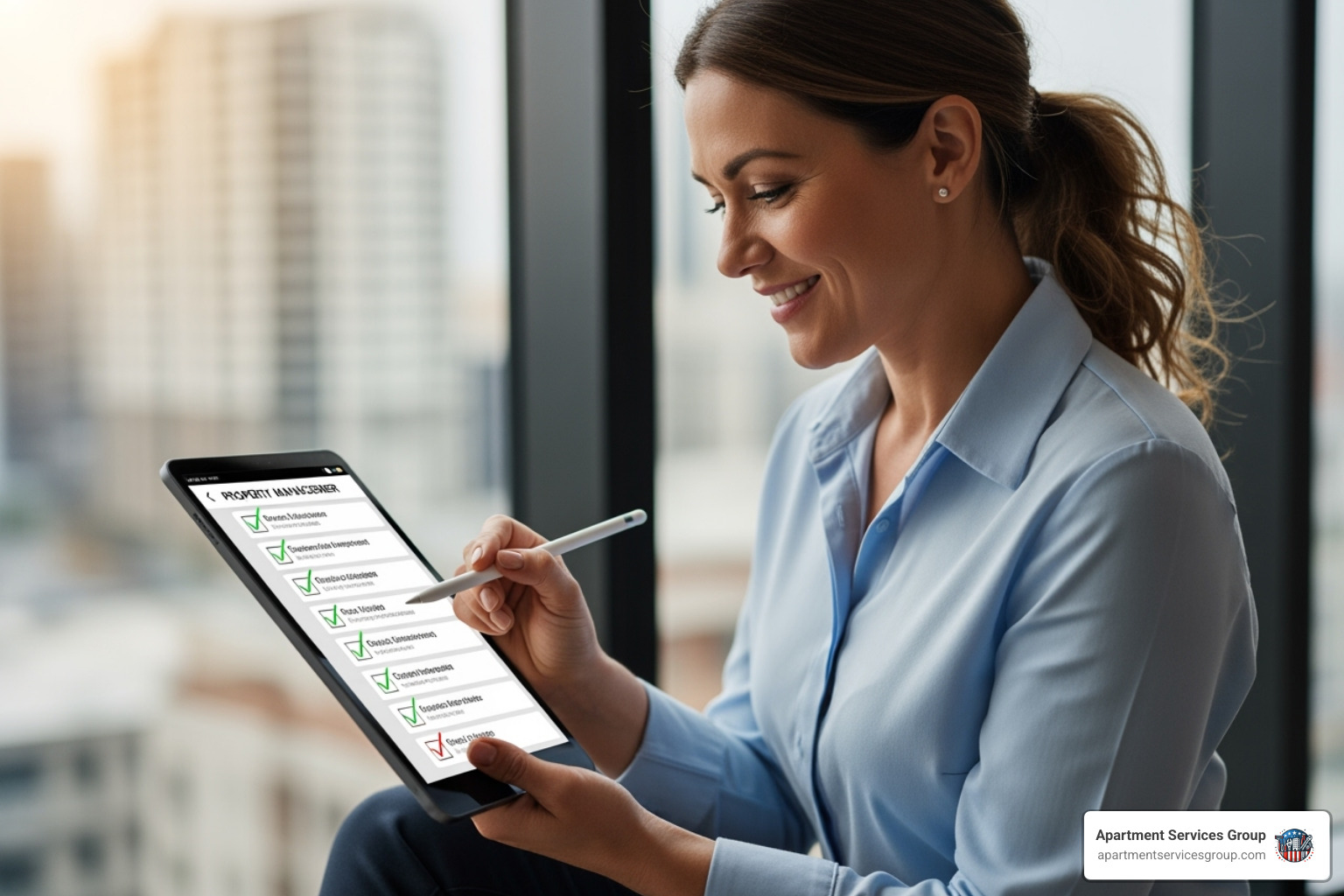A property manager smiling while reviewing a checklist on a tablet - apartment turnkey services