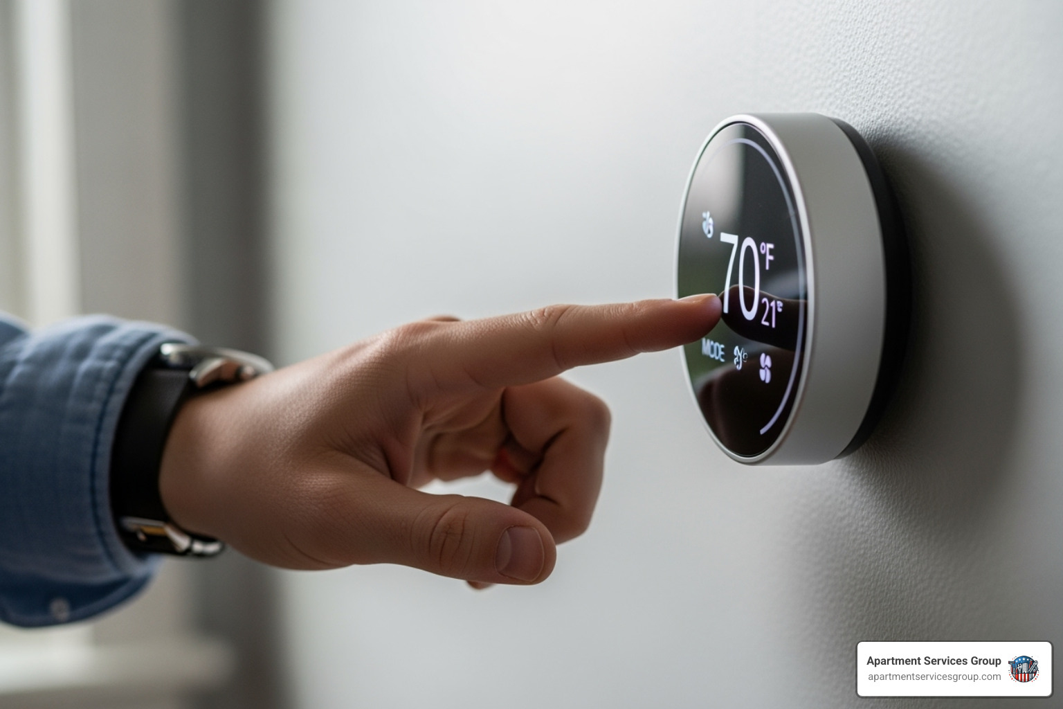 A hand adjusting a smart thermostat - Apartment HVAC repair