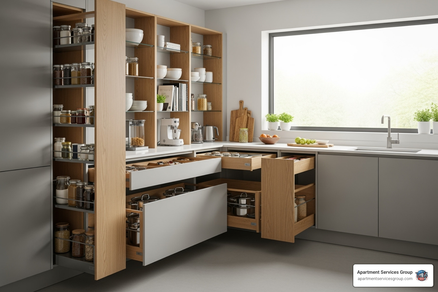 Clever kitchen storage solutions including pull-out pantries, corner drawers, and vertical shelving units - Apartment kitchen renovation
