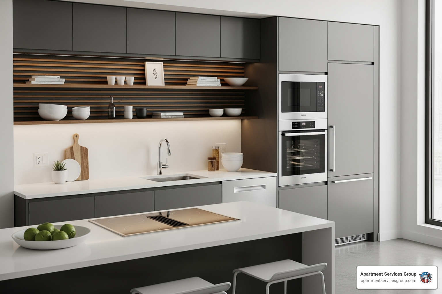 A stylish condo kitchen featuring space-saving built-in appliances and sleek, minimalist design - Apartment kitchen renovation