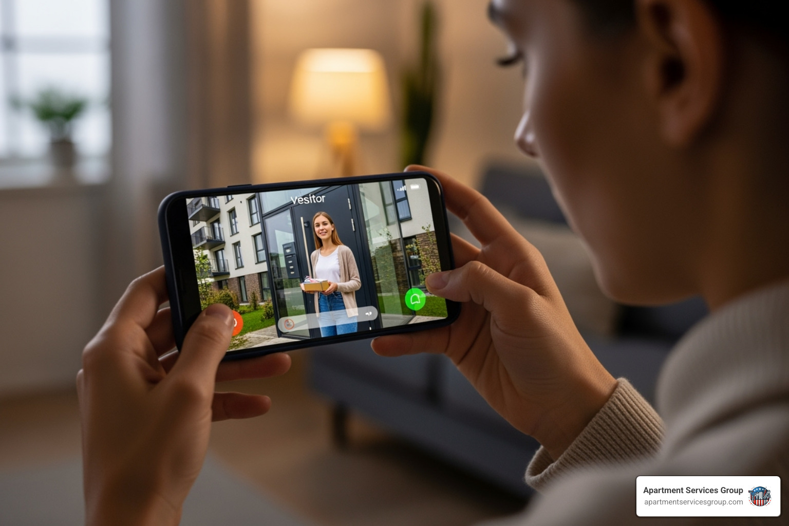 resident answering a video intercom call on their smartphone - apartment access control