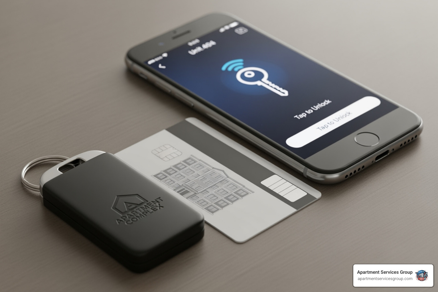 collection of different access credentials like a key fob, a key card, and a smartphone with a mobile access app - apartment access control