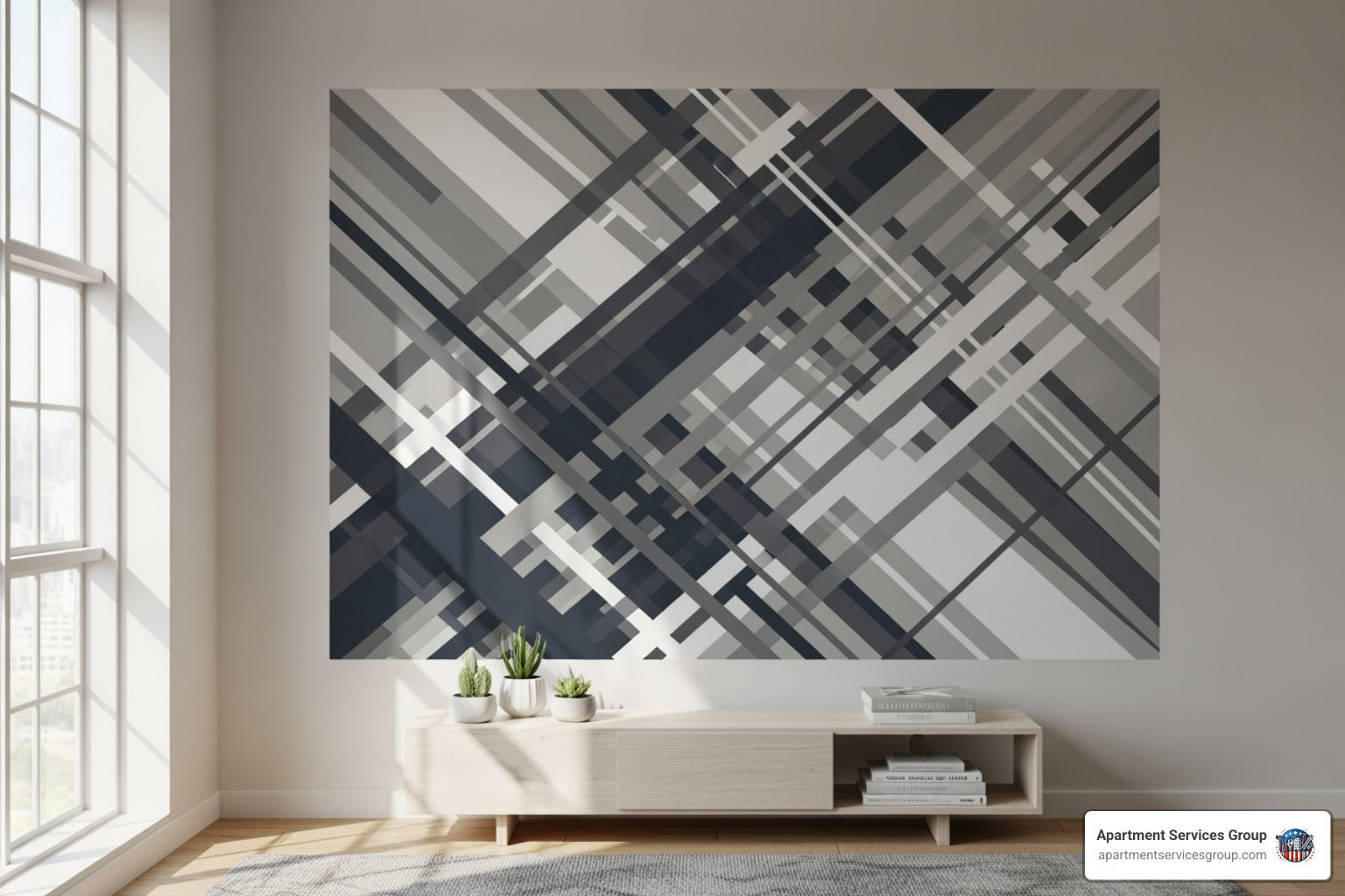 stylish apartment wall decorated with large peel-and-stick decals - Apartment wall paint