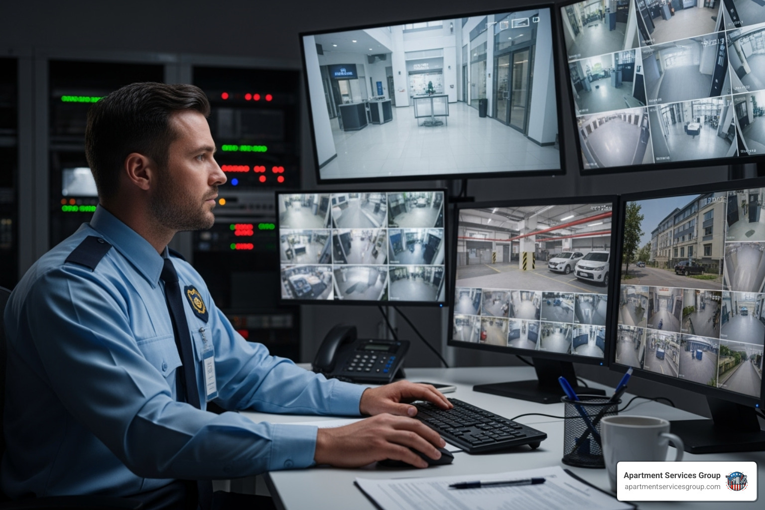 A professional security guard monitoring CCTV cameras - apartment patrol services Houston