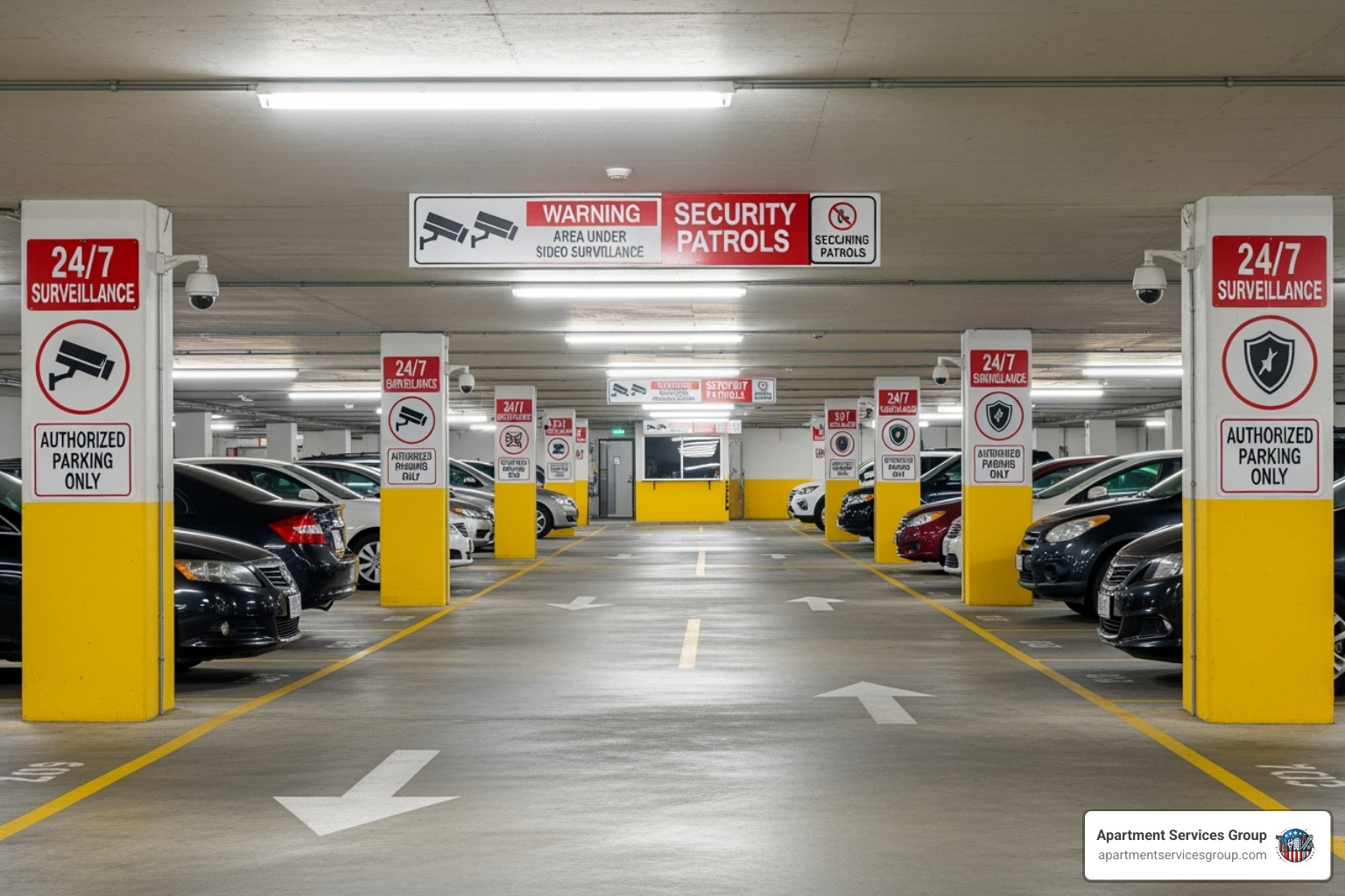 A well-lit apartment parking lot with visible security signage - apartment patrol services Houston