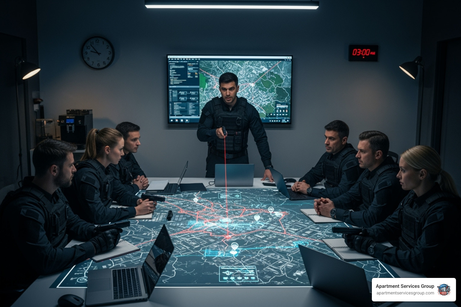 A security team in a briefing - apartment patrol services Houston