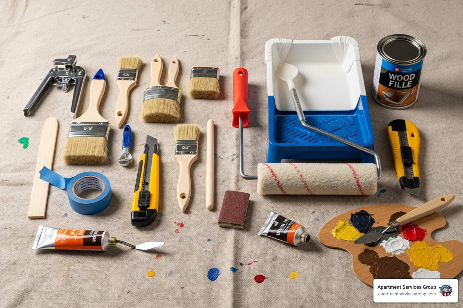 essential painting tools neatly laid out on a drop cloth - Apartment wall paint