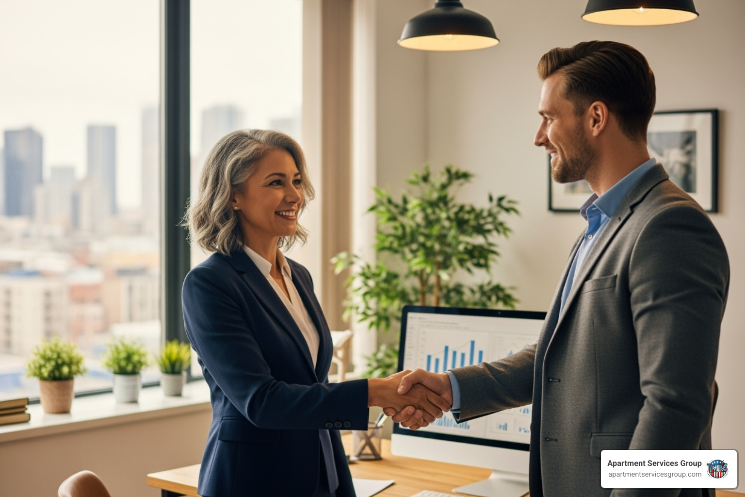 property owner shaking hands with a property manager - Apartment management Houston