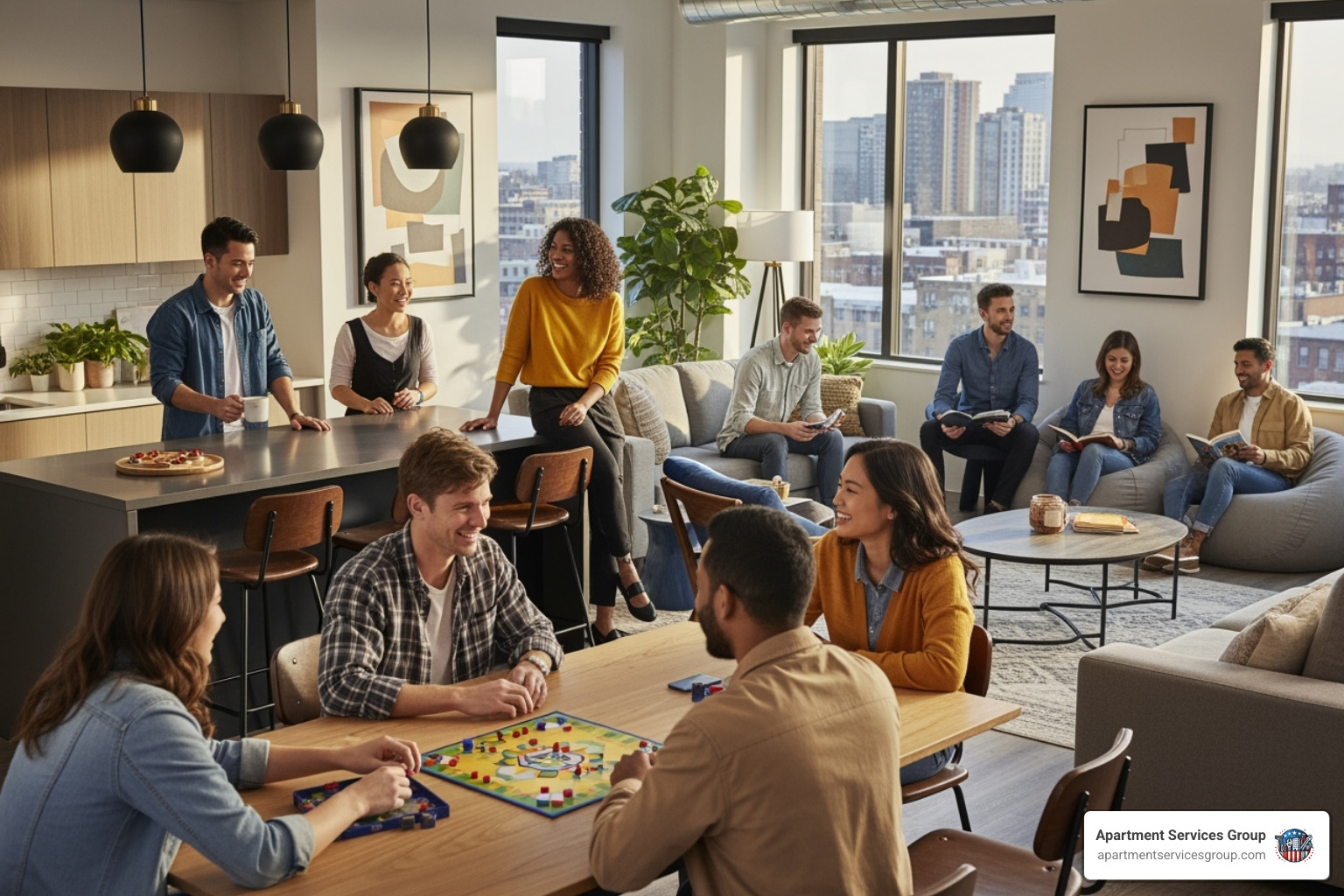A diverse group of tenants happily interacting in a modern apartment common area, showing a vibrant community - apartment building management software
