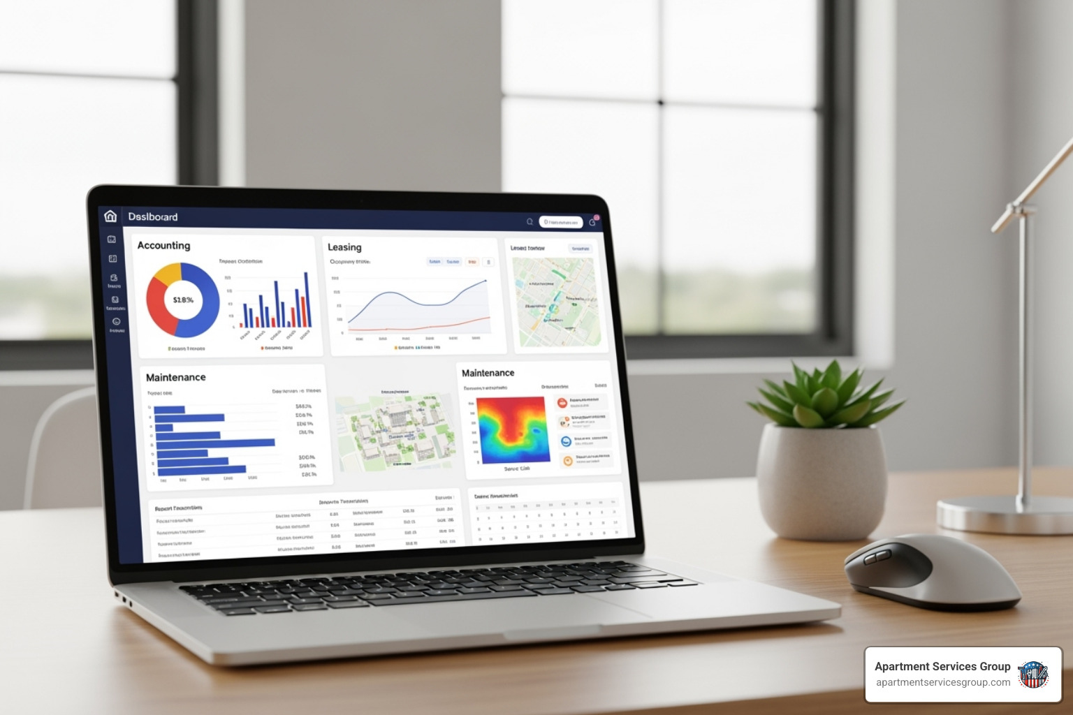 A software dashboard on a laptop screen showing different modules like accounting, leasing, and maintenance, with charts and graphs - apartment building management software