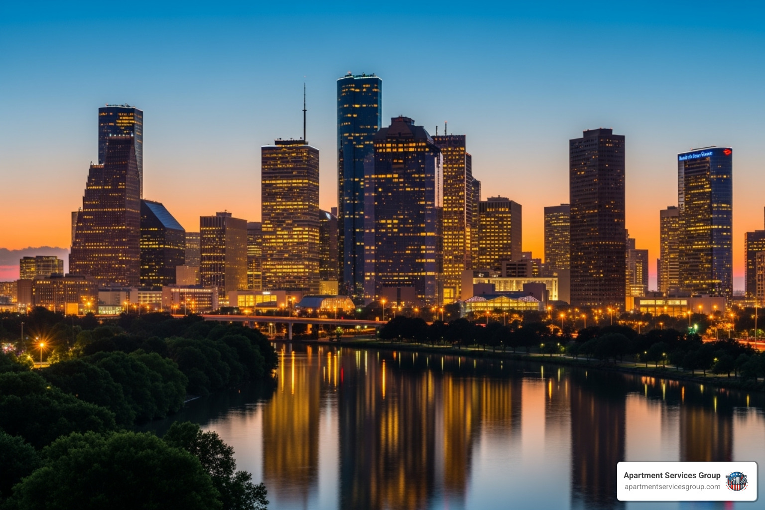 Houston skyline with Apartment Services Group logo overlaid - apartment building management software
