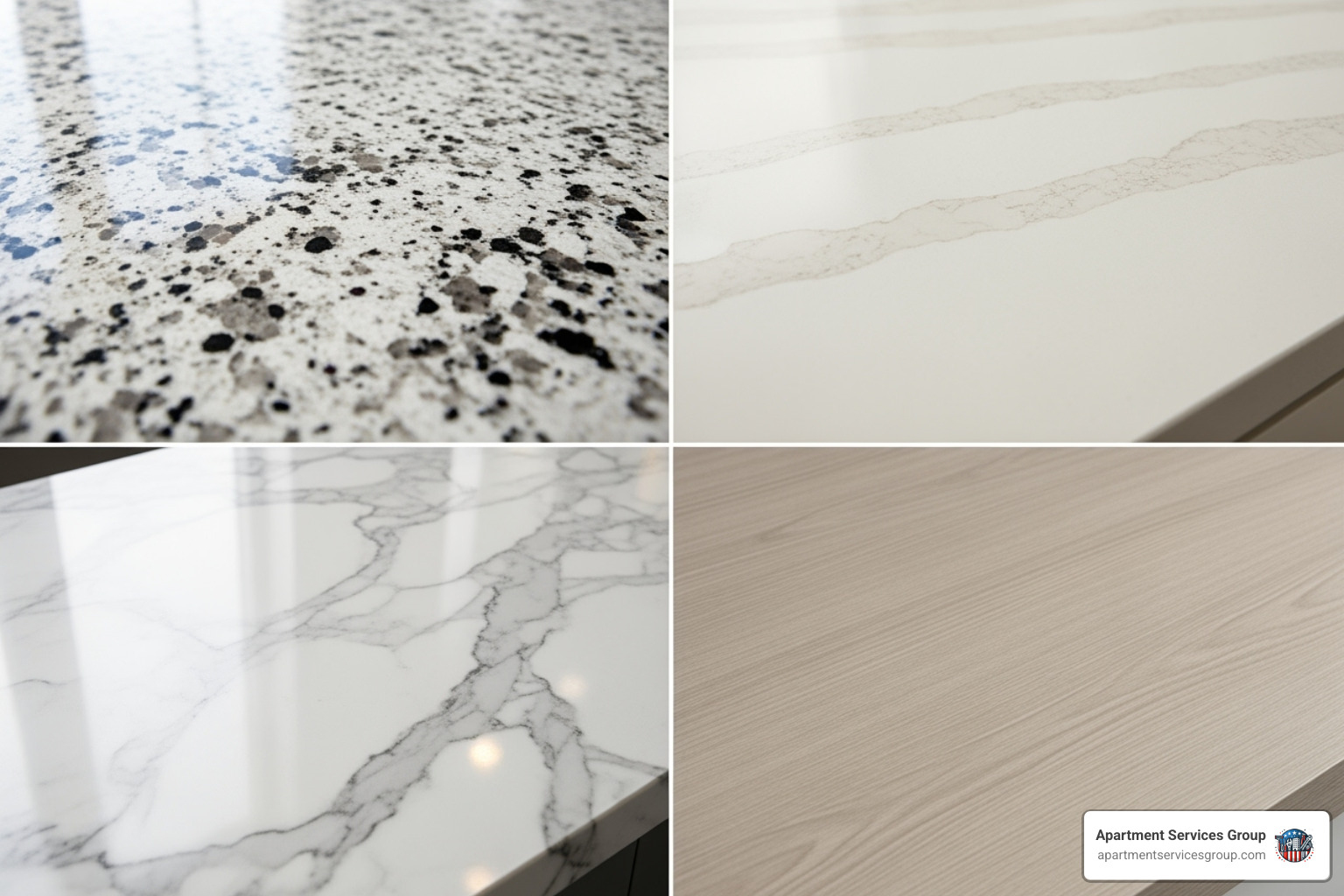 A collage showcasing popular countertop materials like granite, quartz, marble, and laminate, highlighting their diverse textures and colors - Countertop installation services