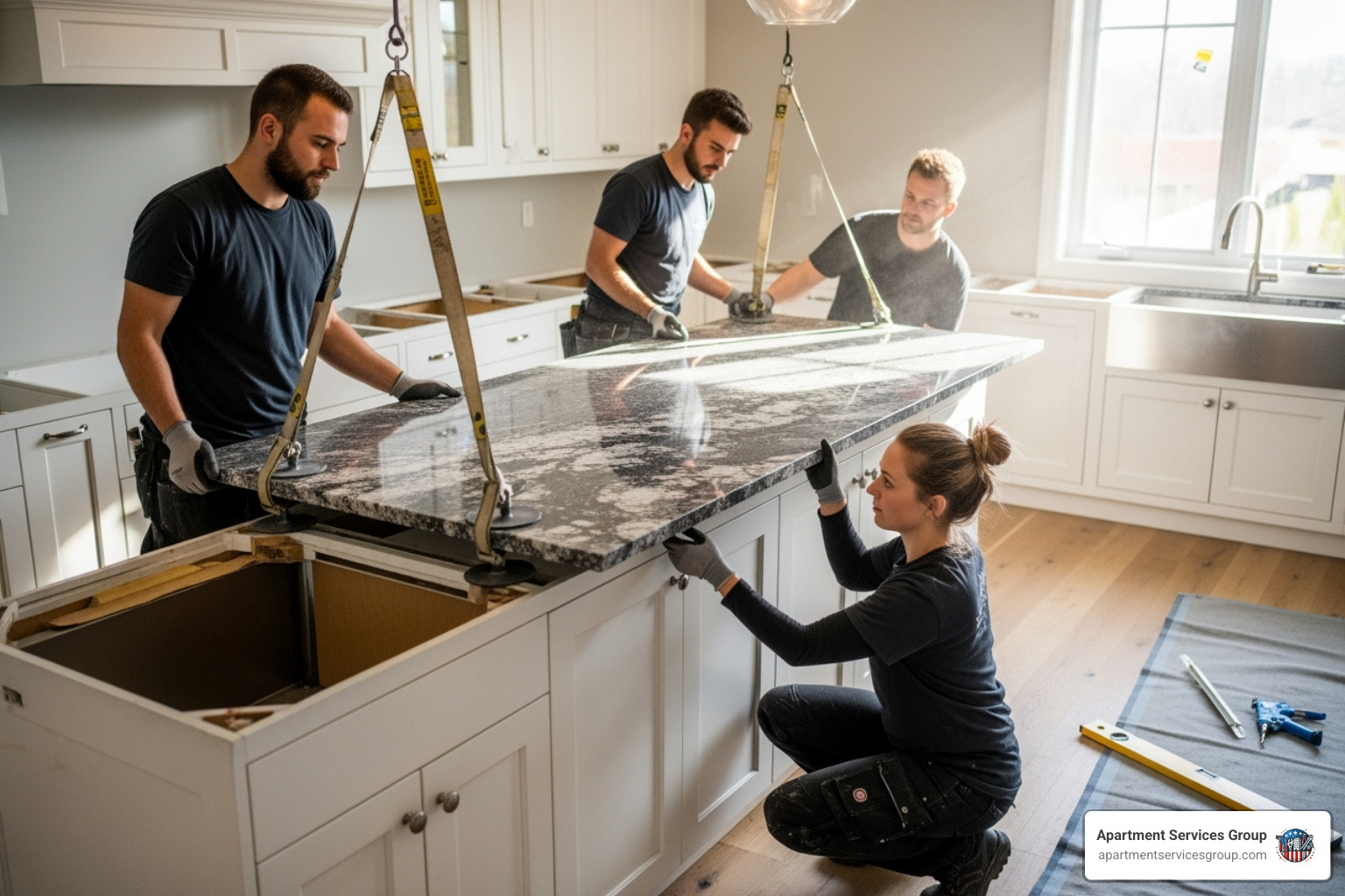 Professional installers carefully placing a large granite slab onto kitchen cabinets, demonstrating precision and teamwork - Countertop installation services