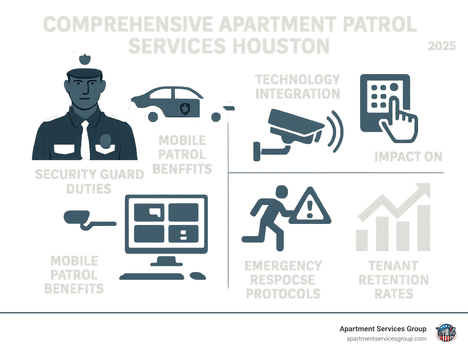 Comprehensive apartment patrol services Houston infographic showing security guard duties, mobile patrol benefits, technology integration including CCTV monitoring and access control, emergency response protocols, and the impact on property value and tenant retention rates - apartment patrol services Houston infographic 