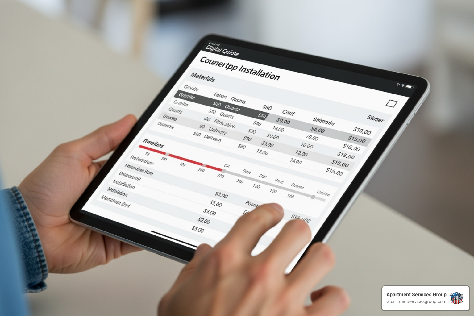 A person reviewing a countertop installation quote on a tablet, showing cost breakdowns and timelines - Countertop installation services