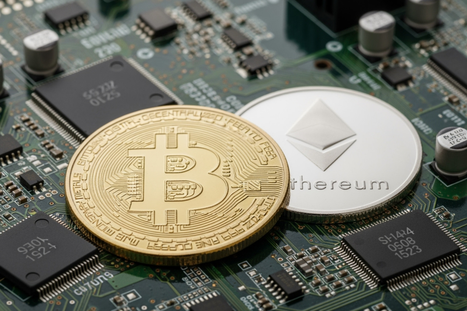 Physical Bitcoin and Ethereum coins on a computer motherboard - financeville craigscottcapital