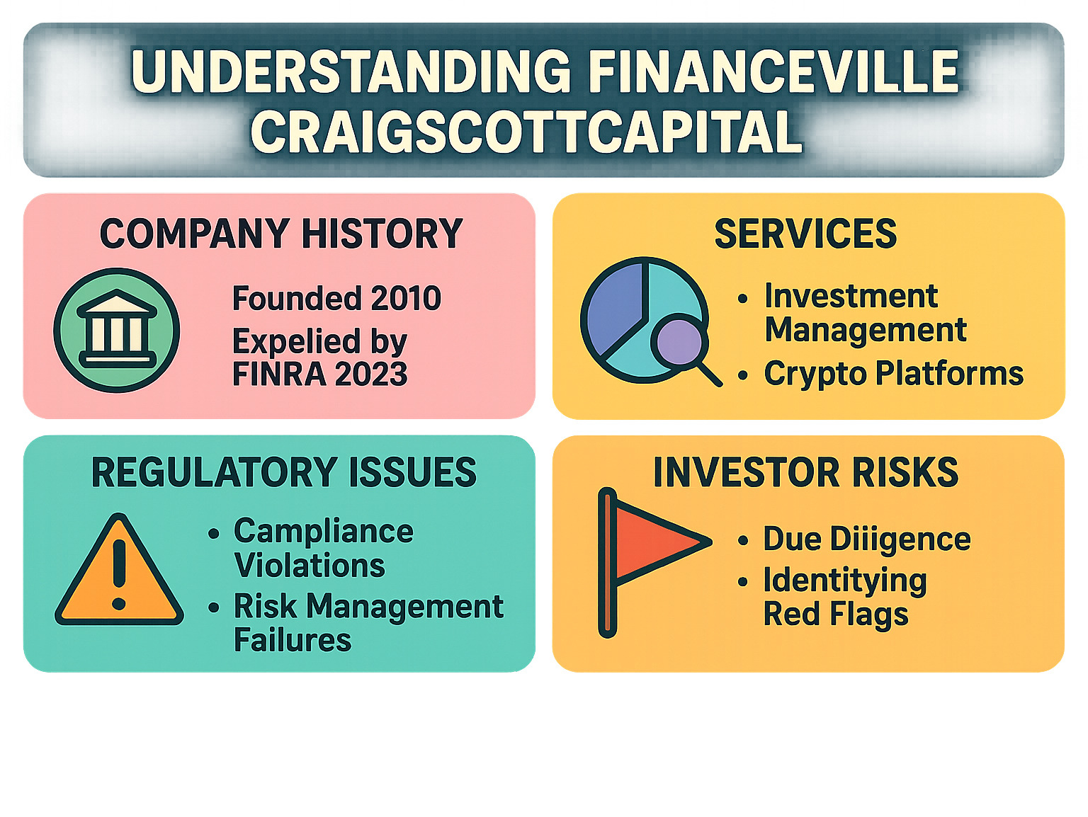 Comprehensive overview infographic showing Financeville CraigScottCapital's four key areas: Company History from 2010 founding to 2023 FINRA expulsion, Services including investment management and crypto platforms, Regulatory Issues highlighting compliance violations and risk management failures, and Investor Risks emphasizing the importance of due diligence and red flag identification - financeville craigscottcapital infographic 