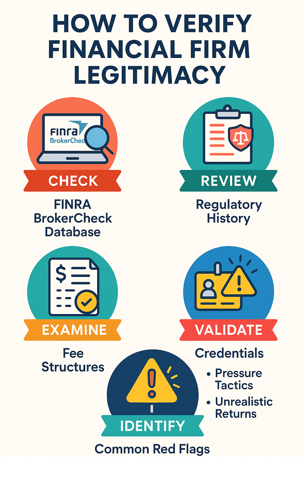 Comprehensive infographic showing the step-by-step process to verify financial firm legitimacy, including checking FINRA BrokerCheck database, reviewing regulatory history, examining fee structures, validating credentials, and identifying common red flags like pressure tactics and unrealistic return promises - financeville craigscottcapital infographic 