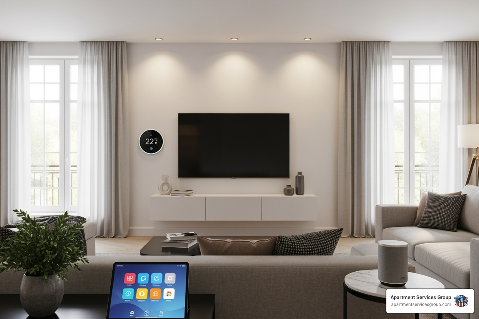 stylishly renovated apartment living area with smart home features - apartment renovation houston
