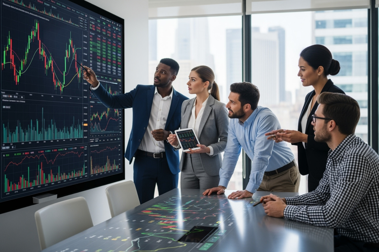 Diverse business team collaborating around a screen displaying market data - ftasiastock business news