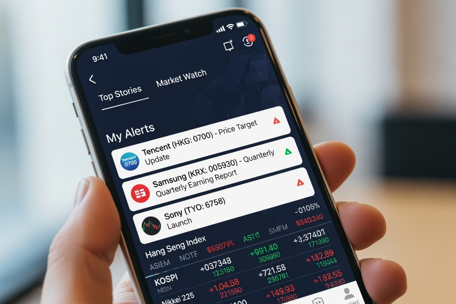 smartphone screen showing a financial news app with customized alerts for Asian stocks - ftasiastock business news