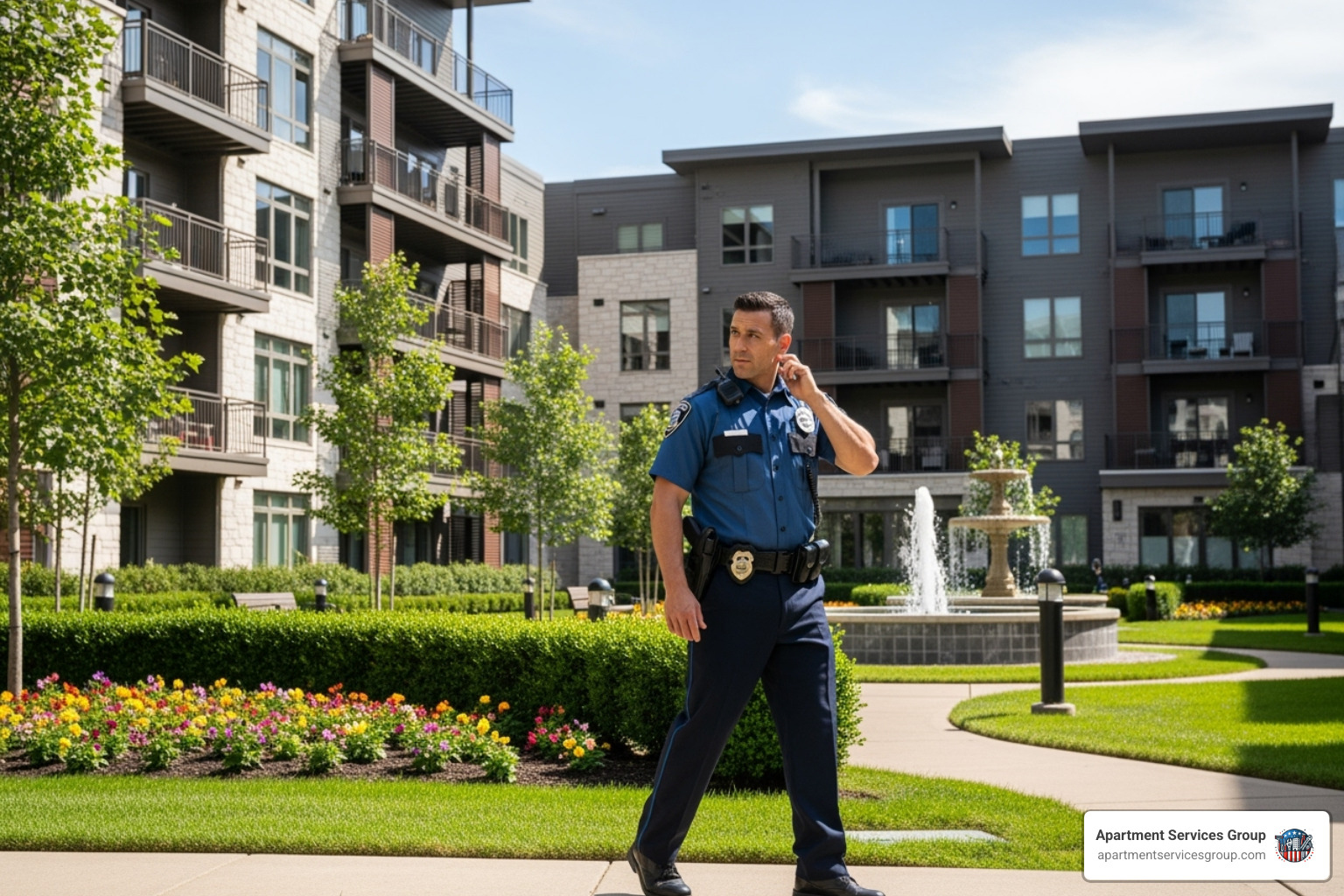 A professional security guard patrolling an apartment complex's common area - apartment security houston