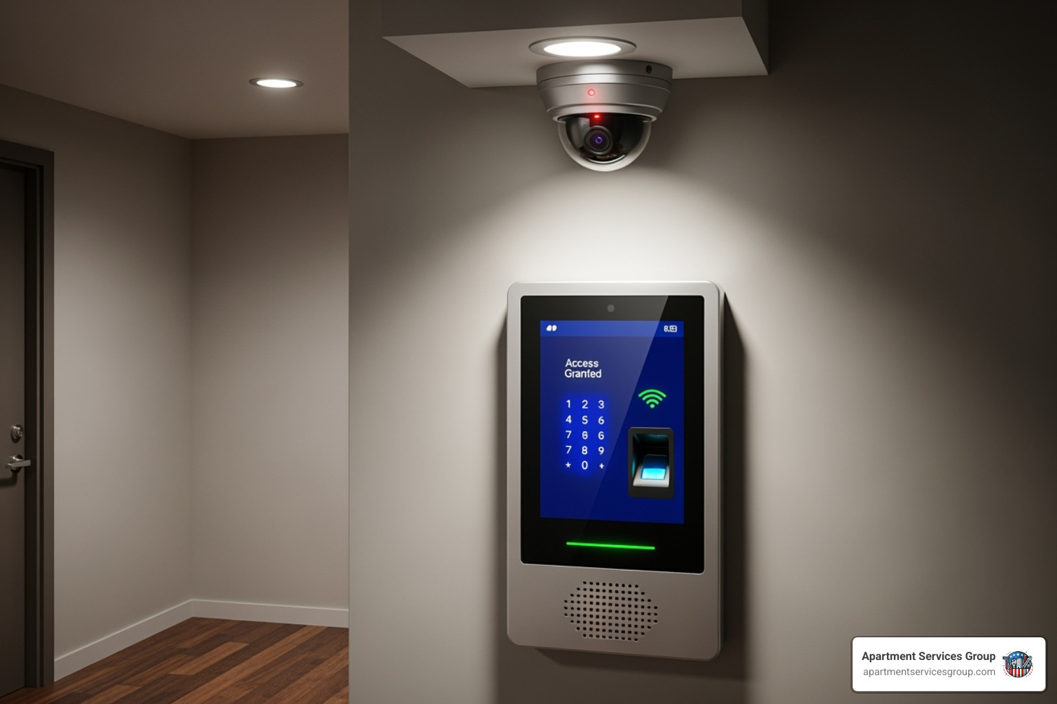 A modern access control panel and security camera in an apartment hallway - apartment security houston