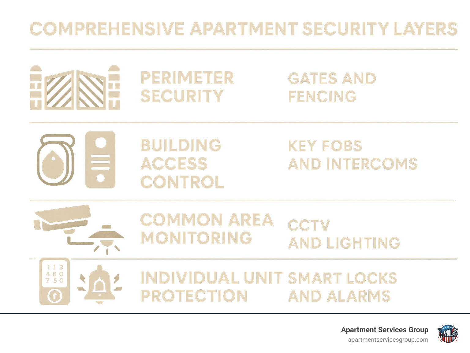 Comprehensive apartment security layers infographic showing four tiers: Perimeter Security with gates and fencing, Building Access Control with key fobs and intercoms, Common Area Monitoring with CCTV and lighting, and Individual Unit Protection with smart locks and alarms - apartment security houston infographic 