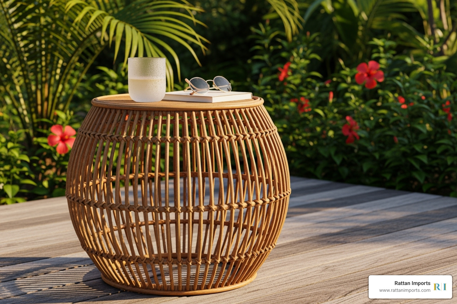 contemporary rattan drum side table - outdoor side table wicker