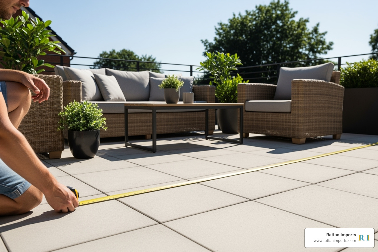 person measuring patio space - outdoor side table wicker