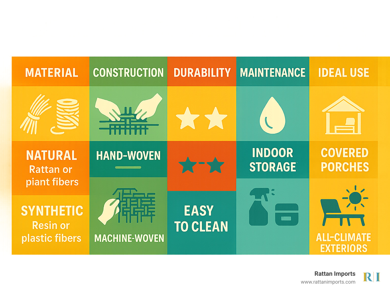 Comprehensive comparison chart showing natural vs synthetic wicker materials, construction methods, durability ratings, maintenance requirements, and ideal use cases for outdoor side table wicker furniture - outdoor side table wicker infographic 