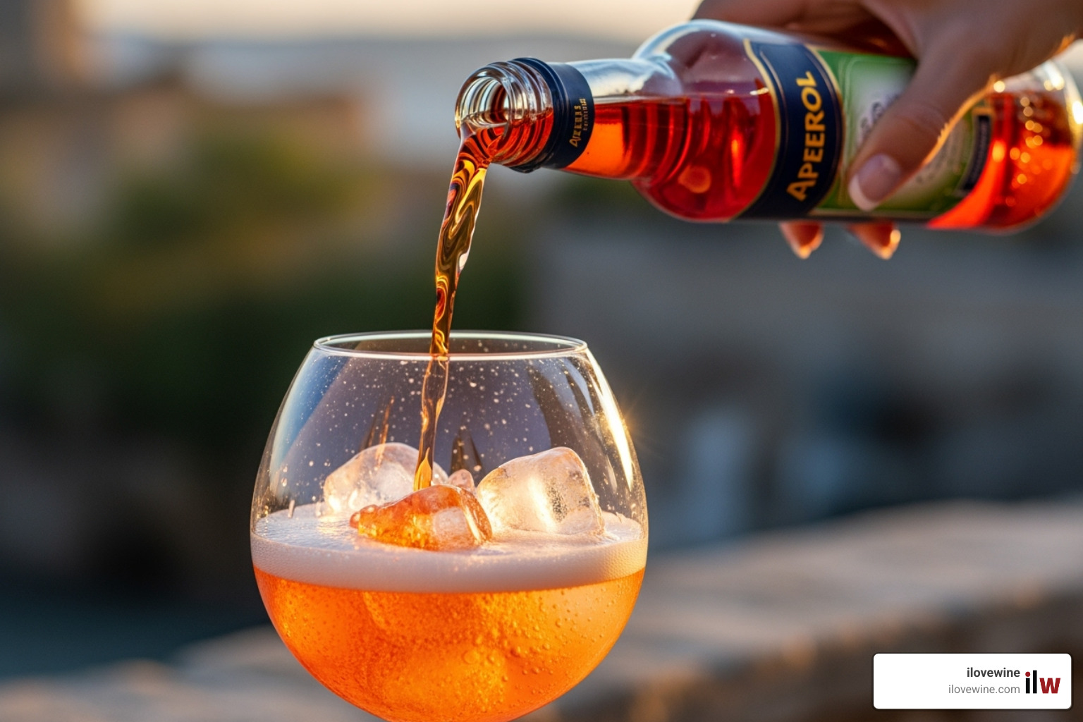 A hand neatly pouring bright orange Aperol into a large wine glass already filled with ice and Prosecco, creating the iconic Aperol Spritz. - aperol spritz cocktail A hand neatly pouring bright orange Aperol into a large wine glass already filled with ice and Prosecco, creating the iconic Aperol Spritz. - aperol spritz cocktail