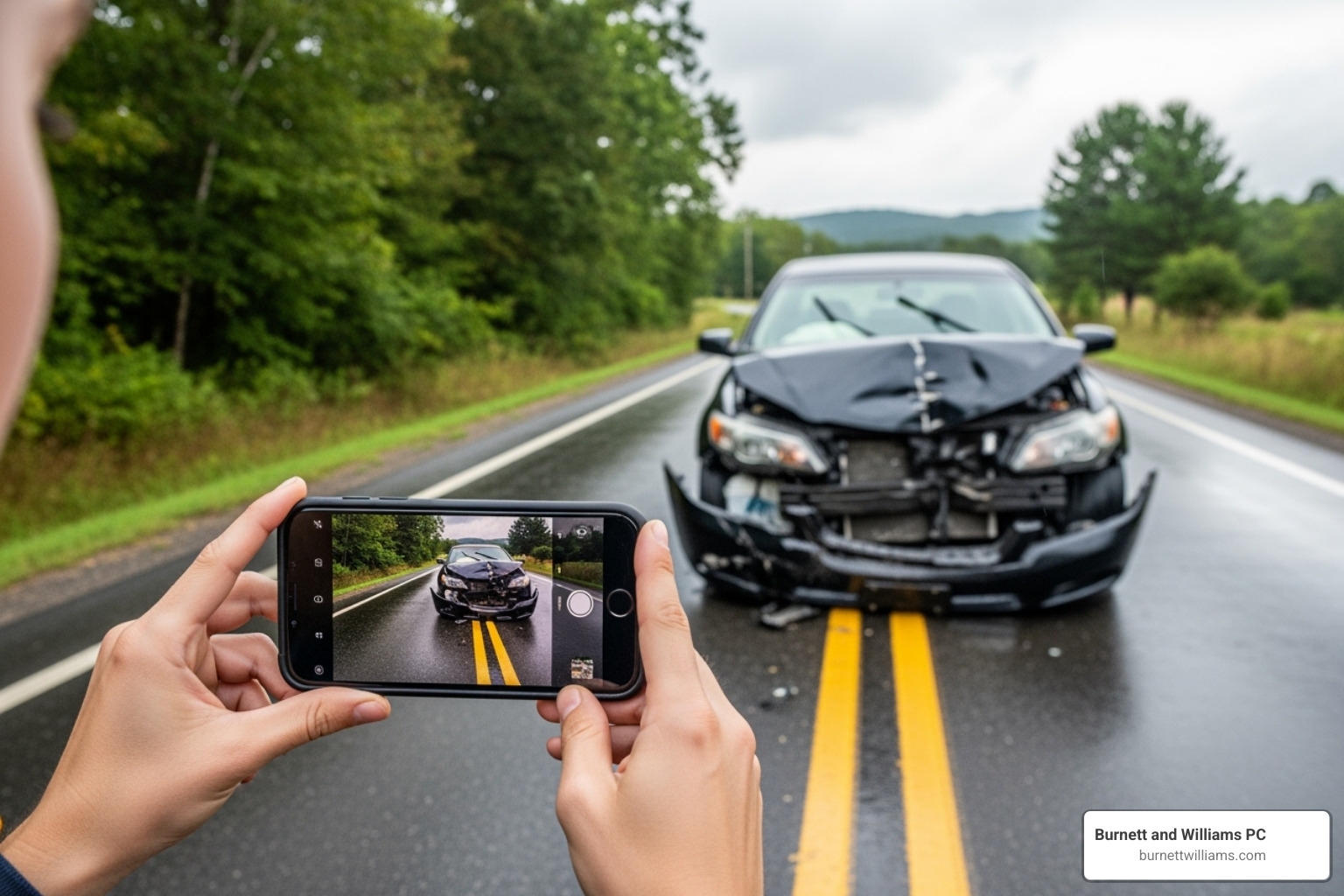 A person taking photos of vehicle damage with a smartphone - Motorcycle accident Chesterfield
