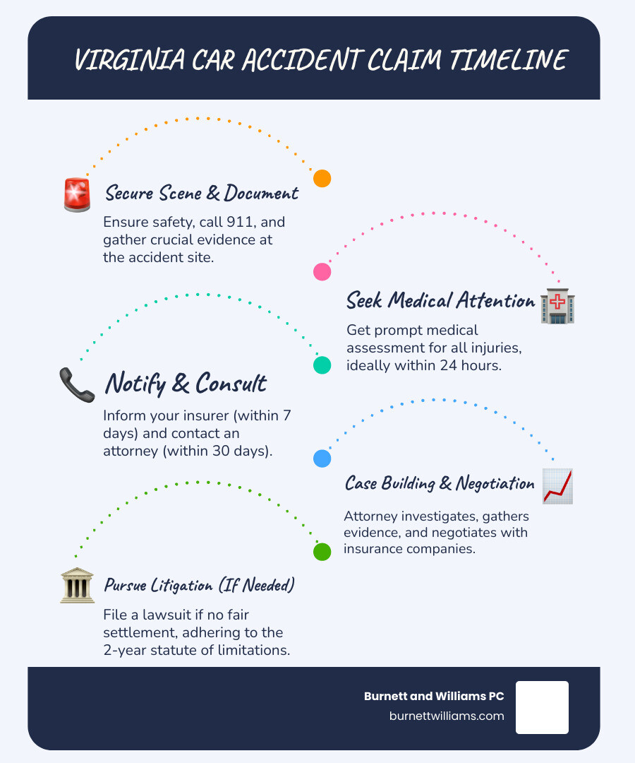 Infographic showing Virginia car accident claim timeline with steps including immediate scene documentation, medical treatment within 24 hours, insurance notification within 7 days, attorney consultation within 30 days, investigation and evidence gathering, negotiation phase, and potential litigation, all within Virginia's two-year statute of limitations for personal injury claims, richmond car accident attorneys infographic infographic-line-5-steps-blues-accent_colors
