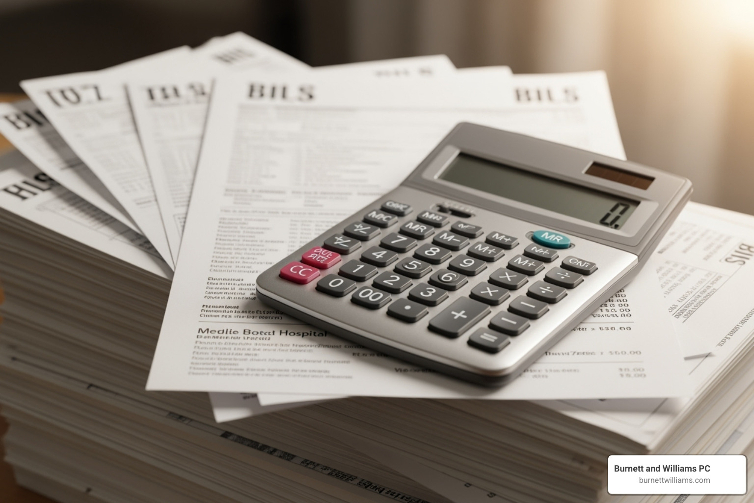 Medical bill and calculator symbolizing financial recovery, richmond car accident attorneys