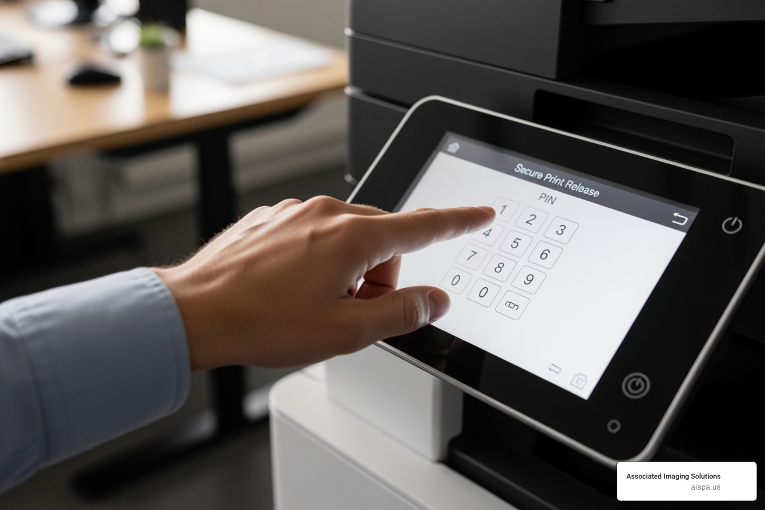Secure print release feature on a printer screen, showing a user authenticating with a PIN - managed print services Harrisburg