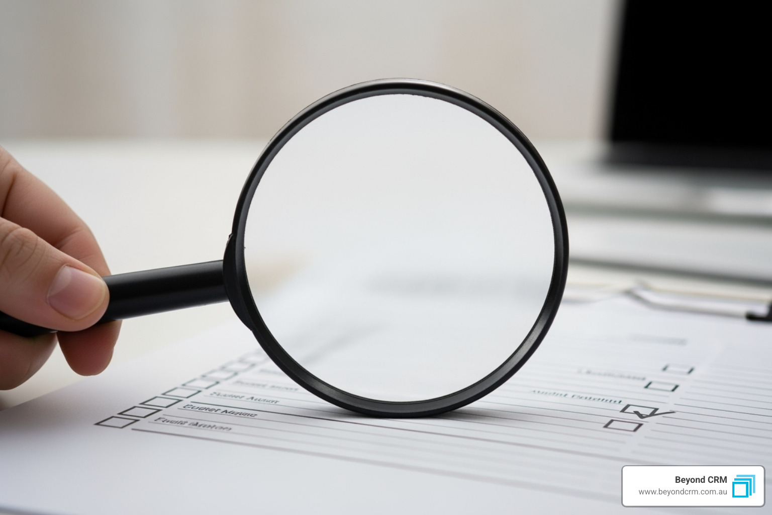 CRM system audit checklist with magnifying glass highlighting key assessment areas - migration strategy