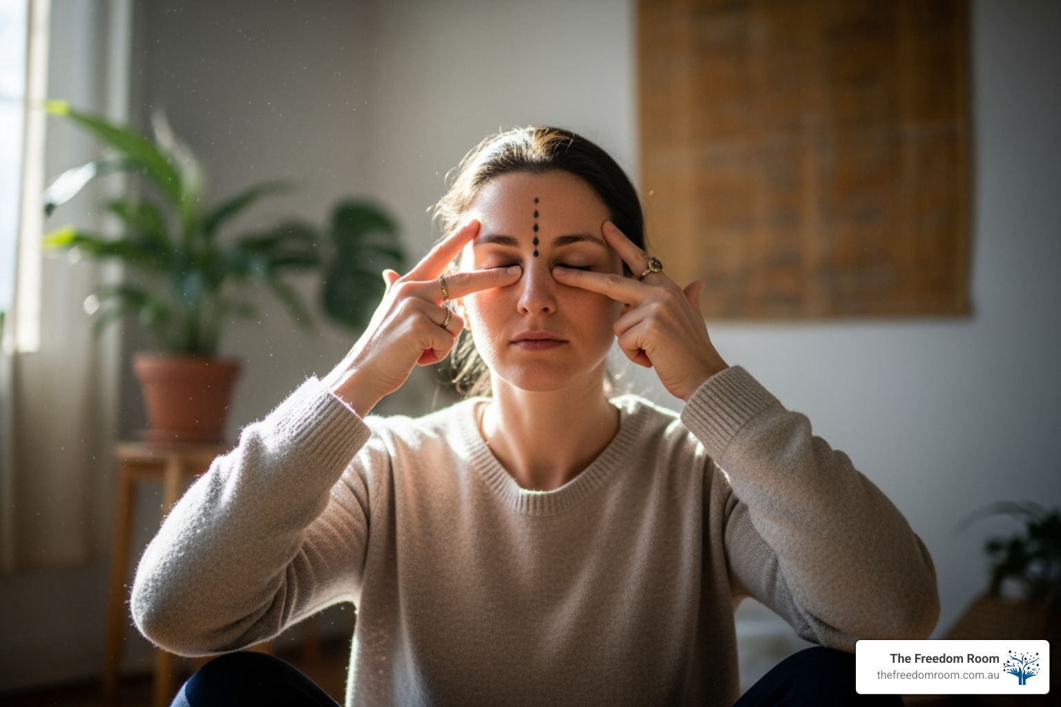 A person gently tapping on their face, demonstrating an EFT technique, with a calm and focused expression, in a serene setting - how can you relax