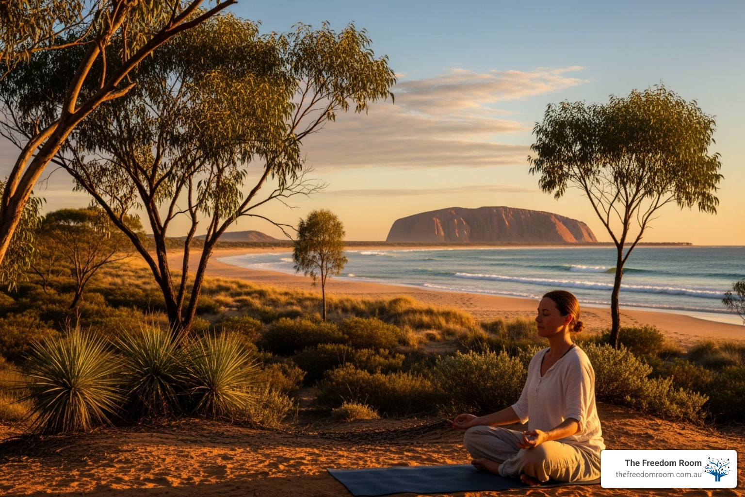 A person meditating peacefully outdoors in an Australian setting, perhaps by a beach or in a bushland - how can you relax