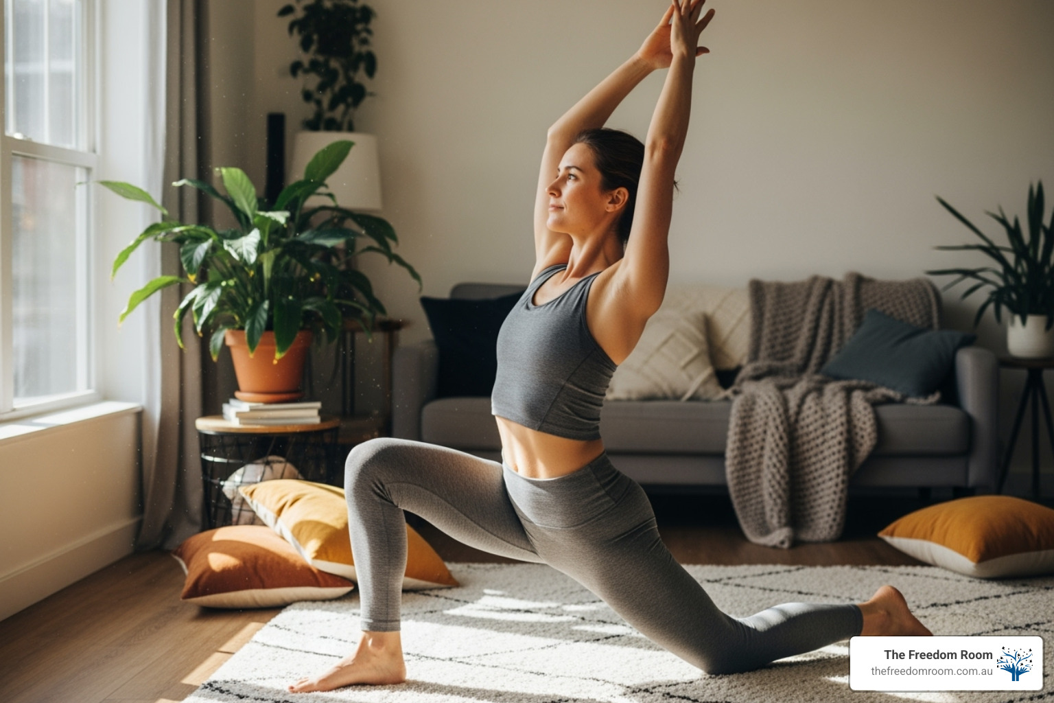 Someone doing a gentle yoga stretch in their living room, focusing on serene and authentic movement - how can you relax
