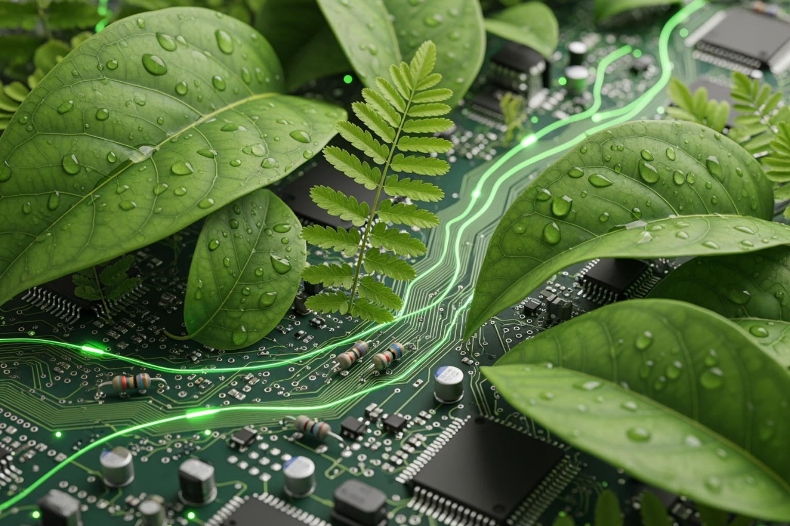 Image representing green finance and technology, with intertwined leaves and circuit board elements - fintechzoom.com business