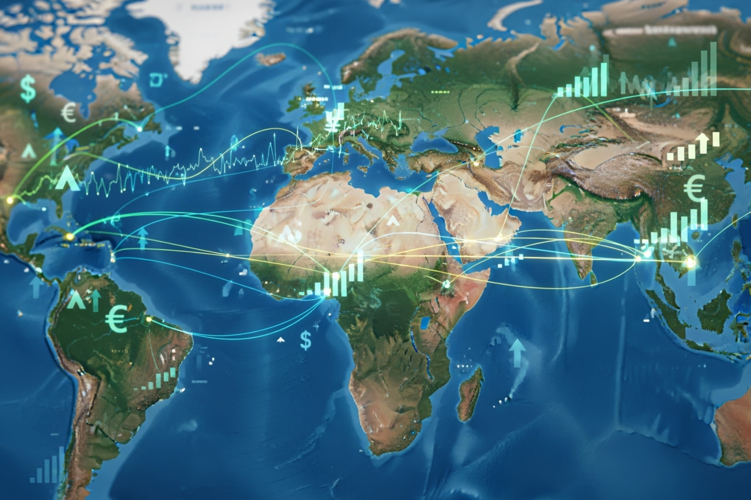Global map with financial symbols illustrating economic indicators and trends - fintechzoom.com business