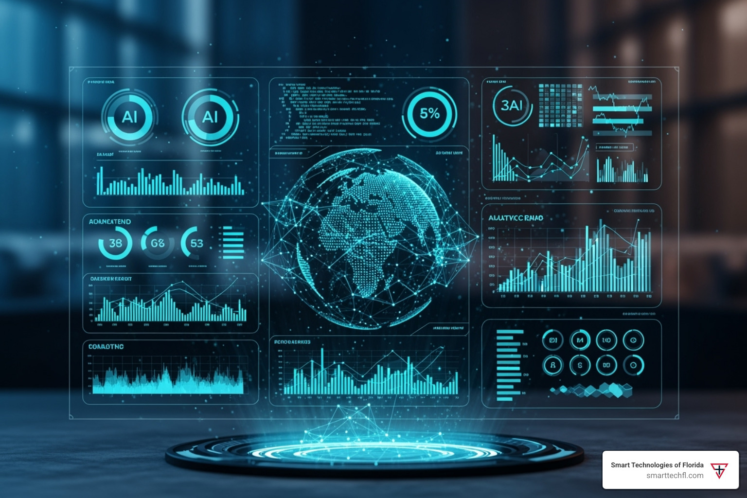 Futuristic interface showing AI-driven data analytics with various charts and graphs - Custom software development Florida