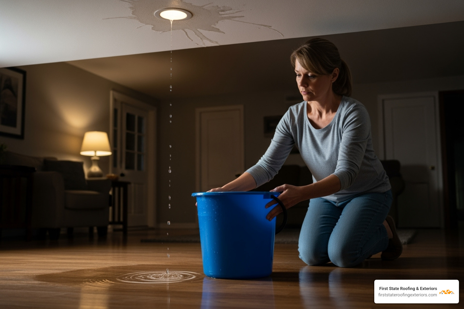 homeowner placing a bucket under a ceiling leak to protect the floor - emergency roof repair near me