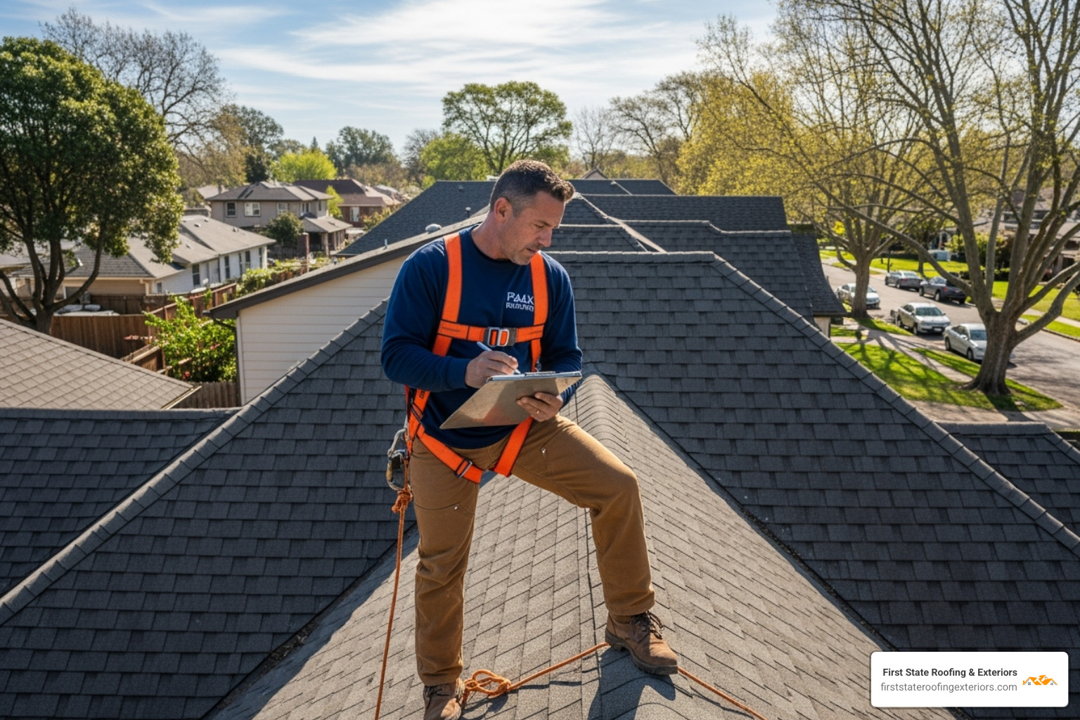 professional roofer in safety gear inspecting a roof with a clipboard - emergency roof repair near me