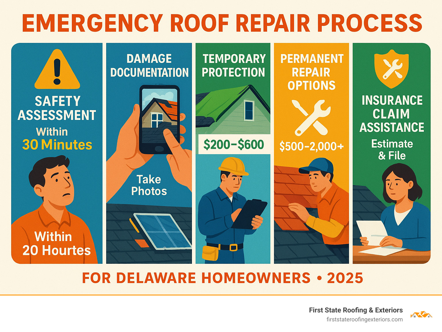 Infographic showing emergency roof repair process: Safety assessment, damage documentation, temporary protection with tarps, professional inspection, permanent repair options, and insurance claim assistance - all with response times and cost ranges for Delaware homeowners - emergency roof repair near me infographic 