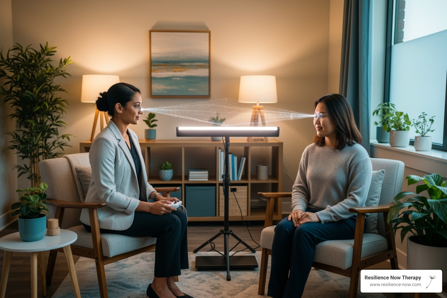 A female client engaging in an EMDR therapy session with a female therapist, using a lightbar for bilateral stimulation in a calm, professional office setting. The image should be multicultural. - intensive therapy sessions calgary